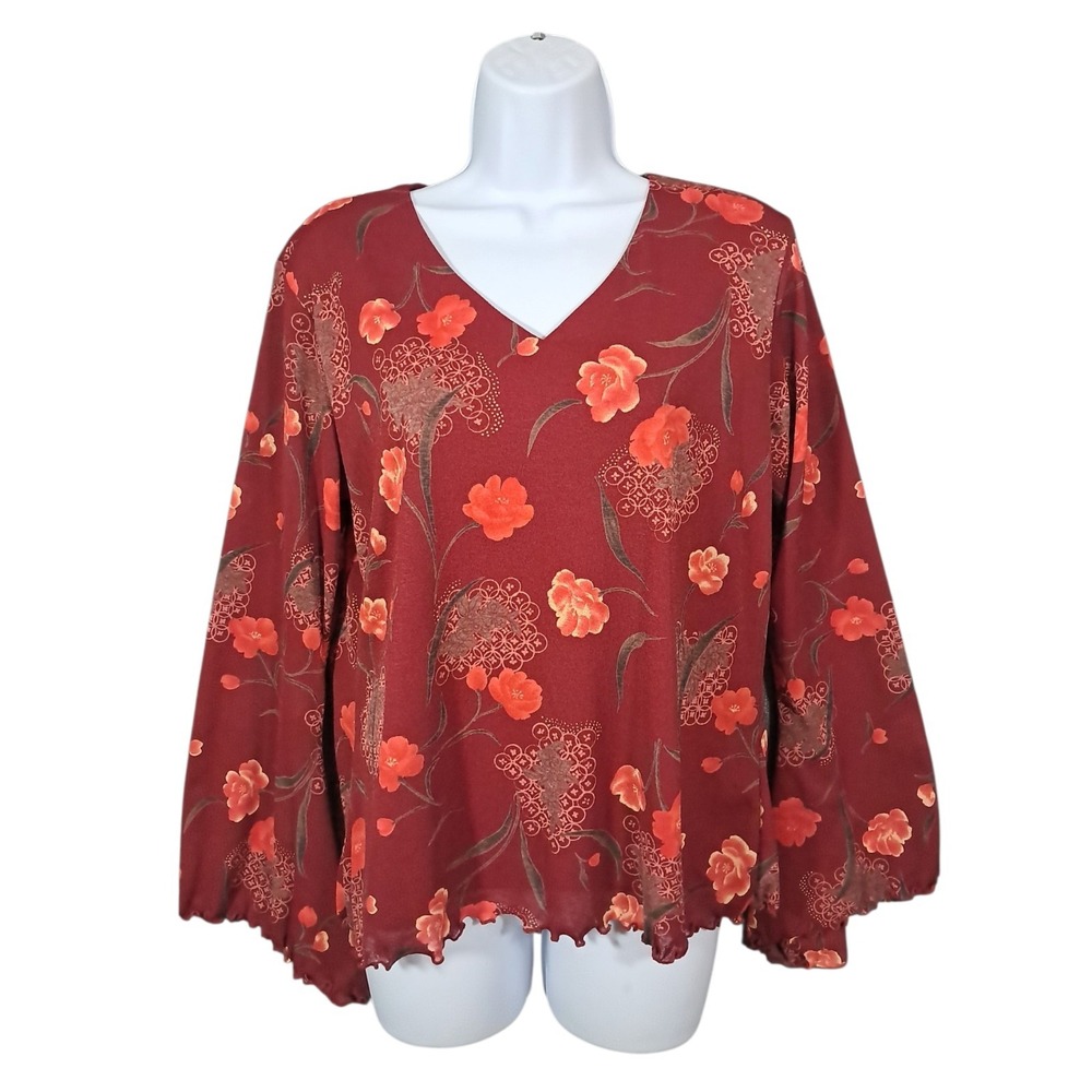 Style & Co Vintage Y2K Whimsigoth Red Floral Lettuce Hem Blouse Medium USA